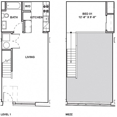 A floor plan shows a bedroom, a bathroom, a kitchen, and a living room.